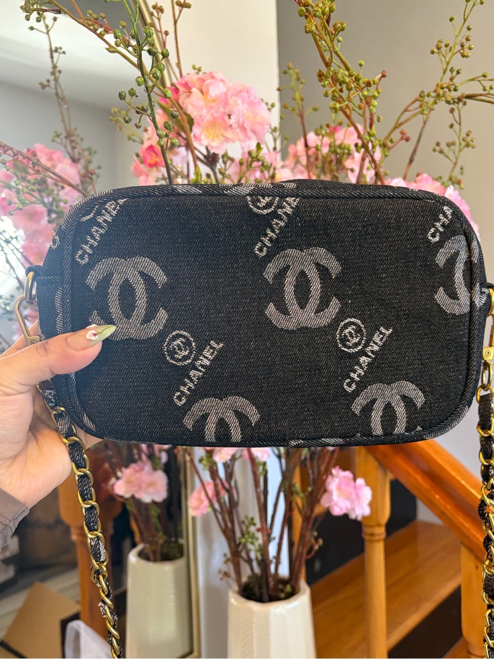 Chanel Black Denim Cosmetic Pouch with Logo Pattern